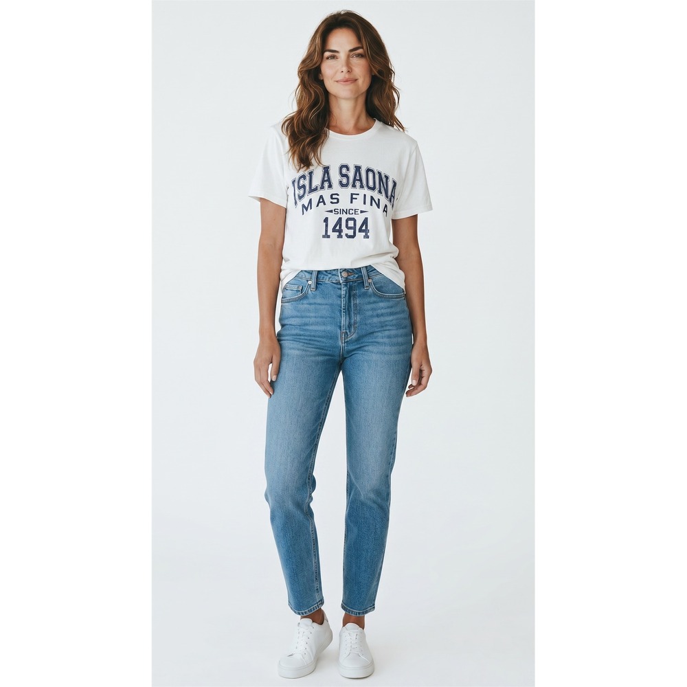 Isla Saona Mas Fina Since 1494 Graphic T-Shirt White Navy Blue Crew Neck Tee